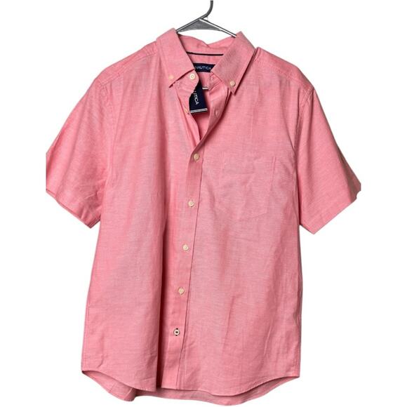 NAUTICA Men's Short Sleeve Button Front Dress Style Dreamy Coral Shirt Sz M NWT - Picture 2 of 8